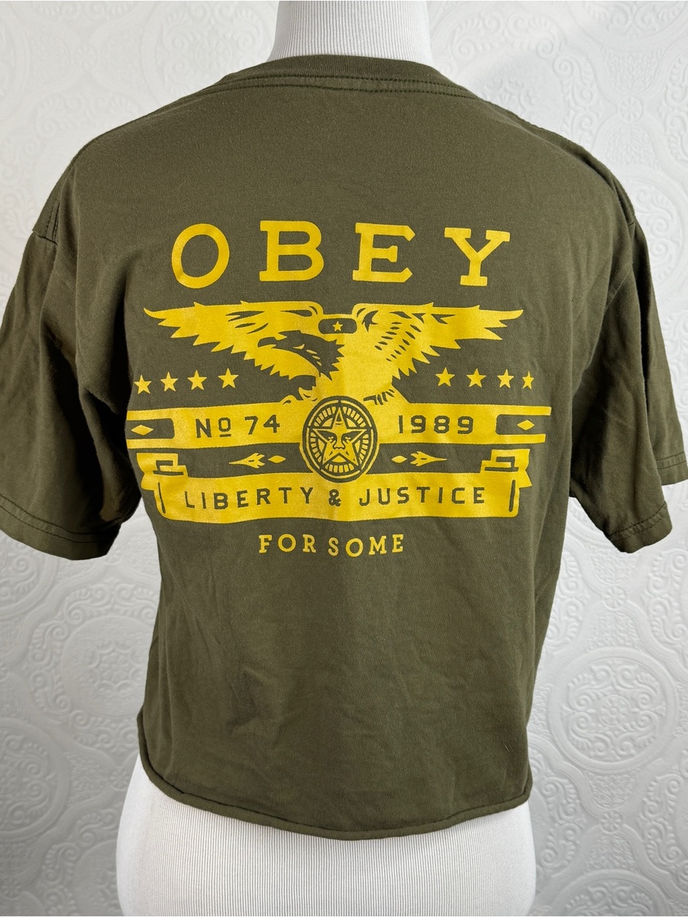 Obey Crop Top sz Small T-Shirt Army Green Yellow Eagle Military Liberty FOR SOME